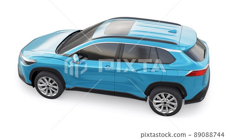 Compact blue SUV with a hybrid engine and four-wheel drive for the city and suburban areas on a white isolated background. 3d illustration. 89088744
