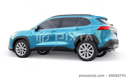 Compact blue SUV with a hybrid engine and four-wheel drive for the city and suburban areas on a white isolated background. 3d illustration. Compact blue SUV with a hybrid engine and four-wheel drive for the city and suburban areas on a white isolated background. 3d illustration. 89088745