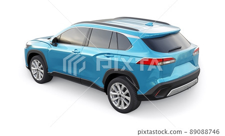 Compact blue SUV with a hybrid engine and four-wheel drive for the city and suburban areas on a white isolated background. 3d illustration. Compact blue SUV with a hybrid engine and four-wheel drive for the city and suburban areas on a white isolated background. 3d illustration. 89088746