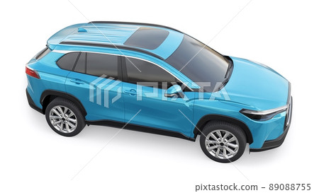 Compact blue SUV with a hybrid engine and four-wheel drive for the city and suburban areas on a white isolated background. 3d illustration. Compact blue SUV with a hybrid engine and four-wheel drive for the city and suburban areas on a white isolated background. 3d illustration. 89088755