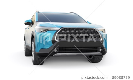 Compact blue SUV with a hybrid engine and four-wheel drive for the city and suburban areas on a white isolated background. 3d illustration. Compact blue SUV with a hybrid engine and four-wheel drive for the city and suburban areas on a white isolated background. 3d illustration. 89088759