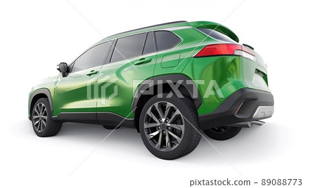 Compact green SUV with a hybrid engine and four-wheel drive for the city and suburban areas on a white isolated background. 3d illustration. Compact green SUV with a hybrid engine and four-wheel drive for the city and suburban areas on a white isolated background. 3d illustration. 89088773