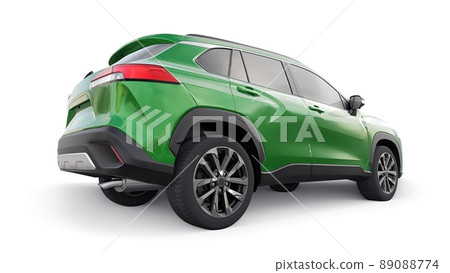 Compact green SUV with a hybrid engine and four-wheel drive for the city and suburban areas on a white isolated background. 3d illustration. Compact green SUV with a hybrid engine and four-wheel drive for the city and suburban areas on a white isolated background. 3d illustration. 89088774
