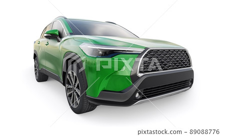 Compact green SUV with a hybrid engine and four-wheel drive for the city and suburban areas on a white isolated background. 3d illustration. Compact green SUV with a hybrid engine and four-wheel drive for the city and suburban areas on a white isolated background. 3d illustration. 89088776