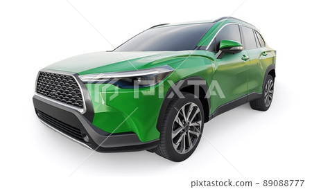 Compact green SUV with a hybrid engine and four-wheel drive for the city and suburban areas on a white isolated background. 3d illustration. 89088777
