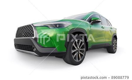 Compact green SUV with a hybrid engine and four-wheel drive for the city and suburban areas on a white isolated background. 3d illustration. 89088779