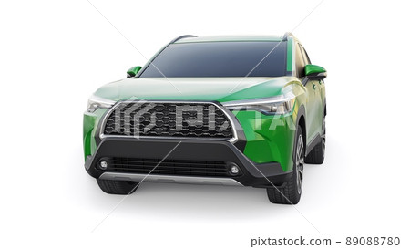 Compact green SUV with a hybrid engine and four-wheel drive for the city and suburban areas on a white isolated background. 3d illustration. Compact green SUV with a hybrid engine and four-wheel drive for the city and suburban areas on a white isolated background. 3d illustration. 89088780