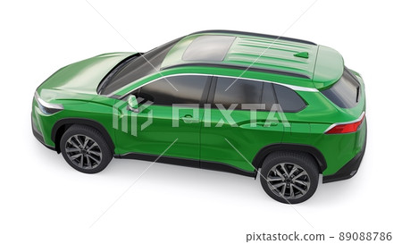 Compact green SUV with a hybrid engine and four-wheel drive for the city and suburban areas on a white isolated background. 3d illustration. Compact green SUV with a hybrid engine and four-wheel drive for the city and suburban areas on a white isolated background. 3d illustration. 89088786