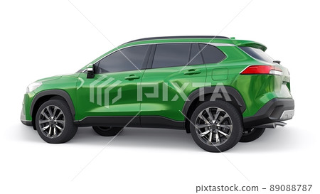 Compact green SUV with a hybrid engine and four-wheel drive for the city and suburban areas on a white isolated background. 3d illustration. Compact green SUV with a hybrid engine and four-wheel drive for the city and suburban areas on a white isolated background. 3d illustration. 89088787