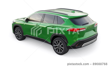 Compact green SUV with a hybrid engine and four-wheel drive for the city and suburban areas on a white isolated background. 3d illustration. Compact green SUV with a hybrid engine and four-wheel drive for the city and suburban areas on a white isolated background. 3d illustration. 89088788