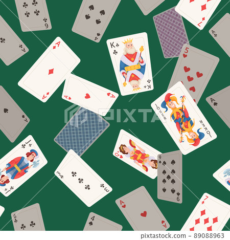 Playing cards pattern. Casino poker game symbols textile design pictures exact vector seamless colored background 89088963