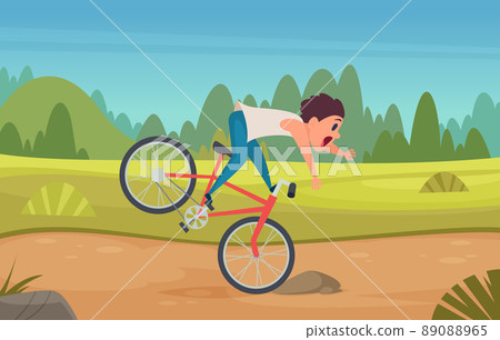 Falling from bike. Boy on street road accident on bike kids in dangerous shocked exact vector cartoon background in cartoon style 89088965