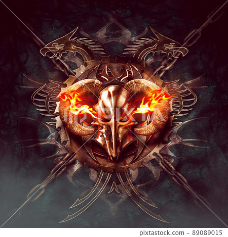 Horned helmet with flames, original artwork Horned helmet with flames, original artwork 89089015