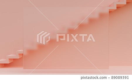 A creative 3D background with a staircase in the background to place your information on the translucent frosted glass panel on the left. 3d illustration 89089391