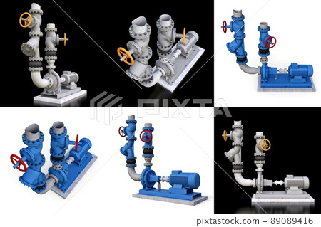 3D model of an industrial pump and pipe section with shut off valves on a white isolated background. 3d illustration. 3D model of an industrial pump and pipe section with shut off valves on a white isolated background. 3d illustration. 89089416