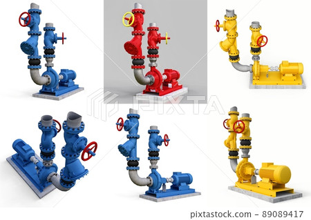 3D model of an industrial pump and pipe section with shut off valves on a white isolated background. 3d illustration. 89089417