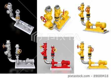 3D model of an industrial pump and pipe section with shut off valves on a white isolated background. 3d illustration. 3D model of an industrial pump and pipe section with shut off valves on a white isolated background. 3d illustration. 89089418
