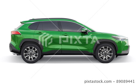 Compact green SUV with a hybrid engine and four-wheel drive for the city and suburban areas on a white isolated background. 3d illustration. Compact green SUV with a hybrid engine and four-wheel drive for the city and suburban areas on a white isolated background. 3d illustration. 89089441
