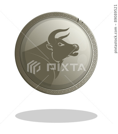 Iron round shield of gladiator withemblem of bull head. Element of protection of ancient warrior in arena. Cartoon vector isolated on white background Iron round shield of gladiator withemblem of bull head. Element of protection of ancient warrior in arena. Cartoon vector isolated on white background 89089521