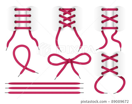 Realistic shoelace. Different lacing ways. Realistic boots ropes. Separate ribbons and bows with grommets. Isolated 3d strings. Cross or parallel variants. Vector footwear red cords set 89089672
