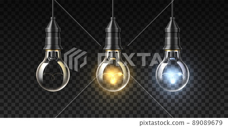 Realistic light bulbs. Isolated 3D classic shape ceiling lamps. Different glow temperature effect. Cold and warm lighting. Business idea concept. Vector lightbulbs set hanging on wires Realistic light bulbs. Isolated 3D classic shape ceiling lamps. Different glow temperature effect. Cold and warm lighting. Business idea concept. Vector lightbulbs set hanging on wires 89089679