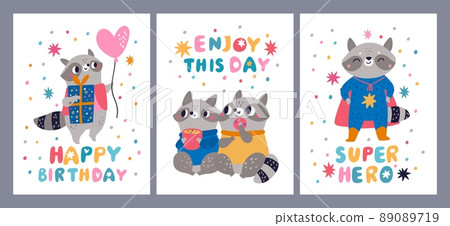 Funny raccoon cards. Little cute animals. Birthday banners. Furry wild creatures. Superhero costumes and holiday gifts. Cartoon characters couple with cup and donut. Vector postcards set 89089719