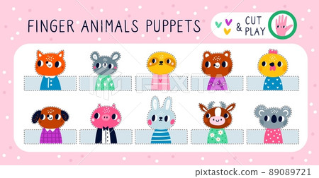 Finger animal puppets. Funny handmade toy. Home theatre performance. Baby educational game. Hobby and relaxing. Cute creatures heads and dotted lines to cut. Vector childish hand dolls set Finger animal puppets. Funny handmade toy. Home theatre performance. Baby educational game. Hobby and relaxing. Cute creatures heads and dotted lines to cut. Vector childish hand dolls set 89089721