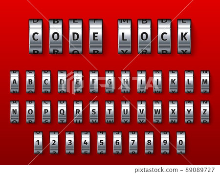Combination lock font. Padlock safe coding numbers or letters. Realistic spinning alphabet. Metallic wheels. Key variation. Access password. Privacy safety. Vector 3D rotating elements set 89089727