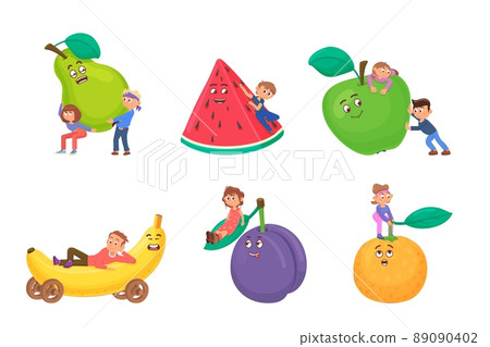 Kids play with big cartoon fruits. Happy characters, baby meals fresh food. Children holding banana, apple, orange and watermelon slice, decent vector set 89090402
