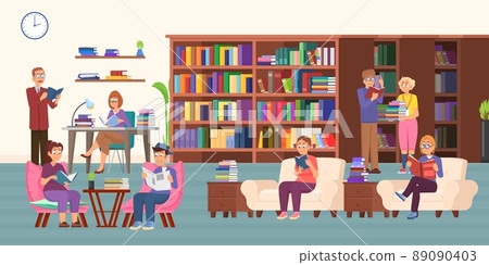 Student in library. Teenager study and people reading books. Cartoon man woman holding books, community in coworking area or classroom. Bookstore decent vector scene Student in library. Teenager study and people reading books. Cartoon man woman holding books, community in coworking area or classroom. Bookstore decent vector scene 89090403