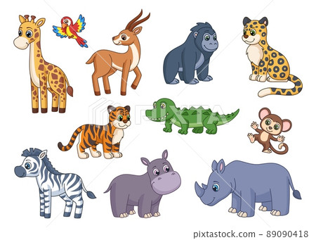 Cartoon exotic animal. Safari animals, monkey, lion and giraffe. Zoo life, garish exotic wild cute characters. Baby wildlife, hippo, zebra and tiger vector kit Cartoon exotic animal. Safari animals, monkey, lion and giraffe. Zoo life, garish exotic wild cute characters. Baby wildlife, hippo, zebra and tiger vector kit 89090418