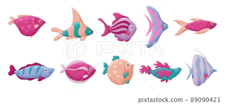 Flat ocean fish. Sea animal, underwater marine creature. Aquarium animals, isolated textured abstract nautical elements, swanky vector characters Flat ocean fish. Sea animal, underwater marine creature. Aquarium animals, isolated textured abstract nautical elements, swanky vector characters 89090421