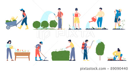 People gardening lush plants in wood pots and ground. Transplanting organic greenery, summer rest in village. Agriculture hobby, recent vector planting characters 89090440