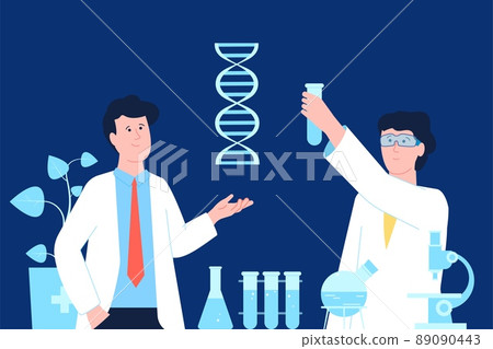 Dna scientist work in medicine laboratory. Biological engineering research, young woman man biotechnology students. Recent vector genetic searching concept Dna scientist work in medicine laboratory. Biological engineering research, young woman man biotechnology students. Recent vector genetic searching concept 89090443