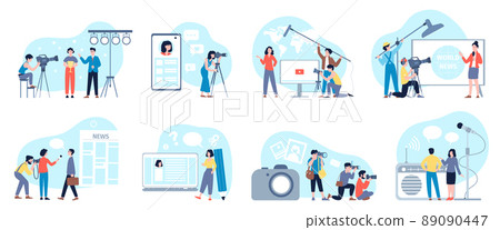 News media bloggers writing posts, doing news with smartphones and cameras. Flat cartoon journalists, reporters, tv show interview, recent vector scenes 89090447