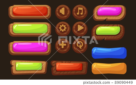 Ui panel buttons. Gaming sign, button cartoon for game interface. Wooden boards, web panel menu design elements. Colorful textured neat vector set 89090449