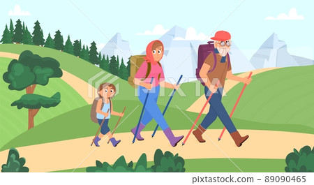 Family hiking. Nature forest trail, sport camp journey on holiday. People exploration outdoor world. Tourists with backpacks, decent vector scene Family hiking. Nature forest trail, sport camp journey on holiday. People exploration outdoor world. Tourists with backpacks, decent vector scene 89090465