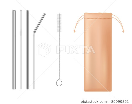 Straws for drink. Realistic beverage pipes. Silver cocktail sticks. Steel straight and curved tools. Cleaning ramrod brush and storage bag. Zero waste. Vector ecological bar accessories set Straws for drink. Realistic beverage pipes. Silver cocktail sticks. Steel straight and curved tools. Cleaning ramrod brush and storage bag. Zero waste. Vector ecological bar accessories set 89090861
