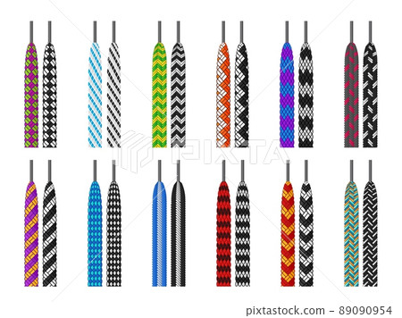 Patterned shoelaces. Boots laces with grommets. Different footgear cord types. Sneakers accessories. Shoes fastenings. Braided threads. Bright footwear ties. Vector colorful ropes set Patterned shoelaces. Boots laces with grommets. Different footgear cord types. Sneakers accessories. Shoes fastenings. Braided threads. Bright footwear ties. Vector colorful ropes set 89090954