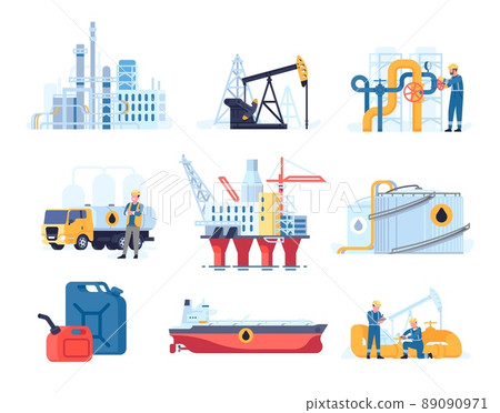Oil petroleum industry. Flat style refinery factory. Platforms and tankers. Rigs and pumps. Gasoline transportation and storage. Fuel mining. Pipeline and canister. Vector industrial set 89090971