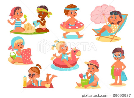 Kids beach. Happy children in swimsuits. Cute boys and girls with rubber rings and umbrella. Babies sunbathe in bikinis and build sand castle. Summer sea vacations. Vector activities set 89090987