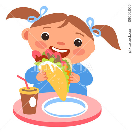 Girl eating healthy fast food. Kid breakfast Girl eating healthy fast food. Kid breakfast 89091006