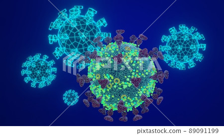 Omicron SARS-CoV-2 virus against set of low poly glowing computer models on blue, 3D rendering. Omicron SARS-CoV-2 virus against set of low poly glowing computer models on blue, 3D rendering. 89091199