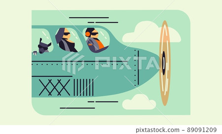 Aircraft nose, propeller, pilot and passenger, minimalist flat icon style cartoon. Dog in window - travelling with animal. Aircraft nose, propeller, pilot and passenger, minimalist flat icon style cartoon. Dog in window - travelling with animal. 89091209