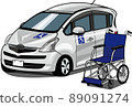 Illustration of a nursing vehicle and wheelchair viewed diagonally from the front 89091274