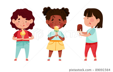 Cute kids eating ice cream. Happy little girls feeling happy with their popsicle cartoon vector illustration Cute kids eating ice cream. Happy little girls feeling happy with their popsicle cartoon vector illustration 89091564