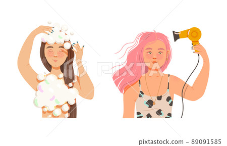 Beauty daily routine. Girls washing and drying their hair cartoon vector illustration Beauty daily routine. Girls washing and drying their hair cartoon vector illustration 89091585