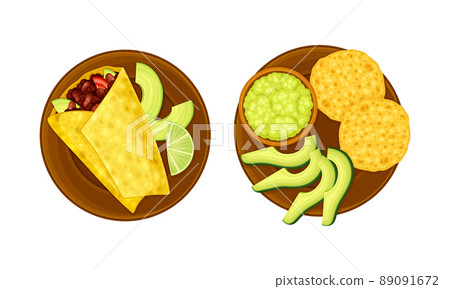 Mexican traditional dishes served on plates set. Top view of food of national cuisine vector illustration 89091672