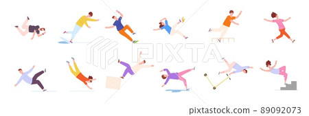 Stumbling people. Falls person, falling down characters stairs unbalanced ladder, caution risk dangerous injury tripping drop man slip slide falldown, splendid vector illustration Stumbling people. Falls person, falling down characters stairs unbalanced ladder, caution risk dangerous injury tripping drop man slip slide falldown, splendid vector illustration 89092073