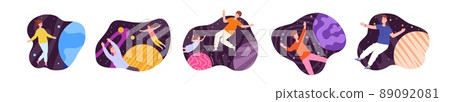 People floating in space. Flying person action cosmos exploration, inspired person explore fantastic universe dream imagination mystic gravity sky, set splendid vector illustration 89092081